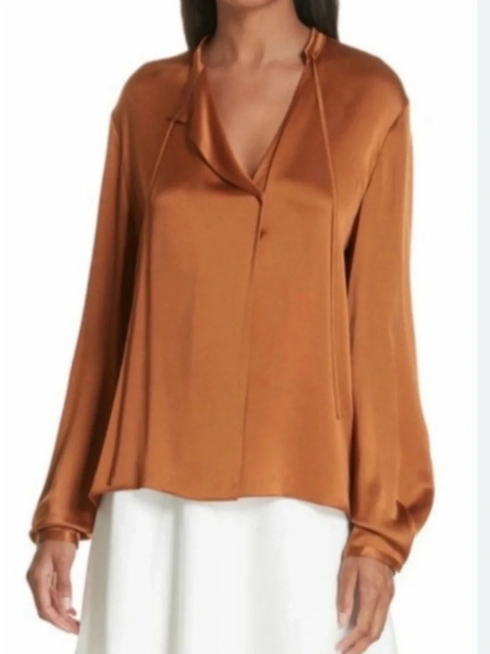 Vince Silk Tie-Neck Popover Blouse in Burnt Orange / Copper - Size L - Picture 2 of 6